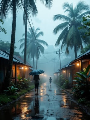 A dense misty veil of heavy rain envelops the Malay village, casting a mystical atmosphere over the rustic huts and palm trees. Waterlogged streets glisten like polished marble, while raindrops dance on banana leaves and thatched roofs. A lone umbrella struggles to stay upright in the gusty wind, as villagers scurry for cover beneath colorful awnings.