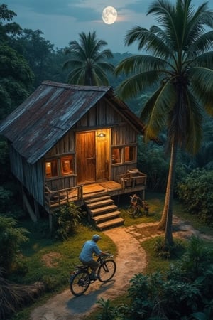 Aerial view of a centuries-old Malay wooden house, its weathered facade blending with the rustic surroundings. A winding dirt path leads to the door, where an elderly gentleman pedals his bicycle, the creaky old frame bearing testament to countless years of use. The half-moon casts a silver glow, illuminating the verdant coconut tree swaying gently in the breeze. As night falls, the house remains unlit, its interior radiance spilling out onto the path, a warm and inviting beacon.,mancyborg