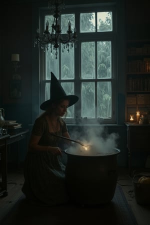 A mystical scene unfolds in a dimly lit, old mansion. A witch crouches beside a large cauldron in the center of the room, surrounded by cobweb-covered chandeliers and dusty tomes. As dusk sets in, eerie shadows dance across her face as she stirs the bubbling potion with a wooden spoon. The air is thick with an otherworldly energy, as if malevolent spirits lurk just beyond the creaking wooden floorboards.,impian