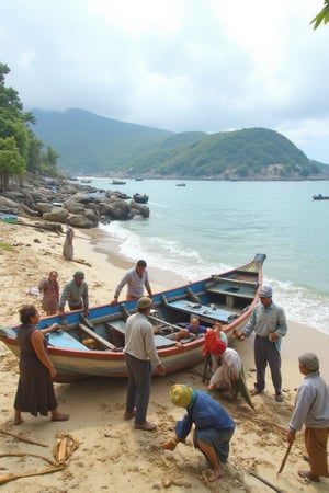 The image shows a group of people gathered around a small fishing boat on a sandy beach. The boat appears to be docked near the shore, and the individuals are handling some equipment, likely related to fishing or boat maintenance. Some of the people are wearing caps and face coverings. There are other boats in the background, as well as trees and hills along the shoreline. The sea is visible, and the atmosphere seems to suggest a fishing village or a coastal community setting. The sky is overcast, giving a calm, cloudy feel to the scene.,bukukomik