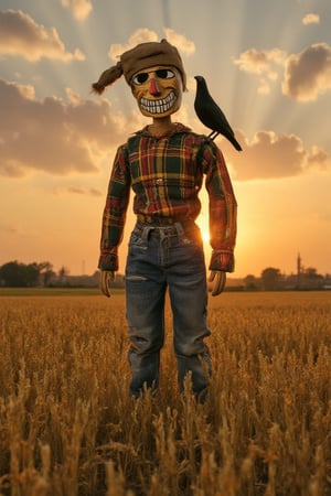 In the heart of a sprawling, golden wheat field, a decrepit scarecrow stands tall, its tattered form a testament to time's ravages. Faded flannel shirt hangs loosely over ripped jeans, held together by frayed threads, while a weathered straw hat tilts precariously atop the scarecrow's head. A burlap sack serves as a face, stitched eyes glinting menacingly beneath a wide, unsettling smile. As the late afternoon sun dips below the horizon, its warm glow casts long shadows across the field, where a few crows silhouette themselves against the sky. Meanwhile, one bold crow perches confidently on the scarecrow's shoulder, as if claiming dominion over this desolate yet strangely captivating landscape.,Mamulengo