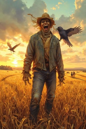 In the heart of a sprawling, golden wheat field, a decrepit scarecrow stands tall, its tattered form a testament to time's ravages. Faded flannel shirt hangs loosely over ripped jeans, held together by frayed threads, while a weathered straw hat tilts precariously atop the scarecrow's head. A burlap sack serves as a face, stitched eyes glinting menacingly beneath a wide, unsettling smile. As the late afternoon sun dips below the horizon, its warm glow casts long shadows across the field, where a few crows silhouette themselves against the sky. Meanwhile, one bold crow perches confidently on the scarecrow's shoulder, as if claiming dominion over this desolate yet strangely captivating landscape,bukukomik