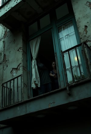 A cinematic of a rotting hotel balcony, with splintered wood and peeling paint. The camera zooms in on the open door leading into a dark, decayed room, with curtains fluttering in the wind. The shadows of unseen figures seem to dance inside, barely visible beyond the dim light coming from a flickering streetlamp below. The dynamic angle emphasizes the feeling of something lurking just beyond the doorway.,hitamputih