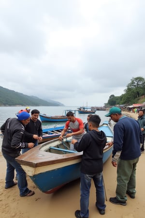 The image shows a group of people gathered around a small fishing boat on a sandy beach. The boat appears to be docked near the shore, and the individuals are handling some equipment, likely related to fishing or boat maintenance. Some of the people are wearing caps and face coverings. There are other boats in the background, as well as trees and hills along the shoreline. The sea is visible, and the atmosphere seems to suggest a fishing village or a coastal community setting. The sky is overcast, giving a calm, cloudy feel to the scene.,hitamputih