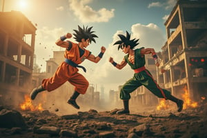 A dramatic battle unfolds on a ruined cityscape as Super Saiyan Son Goku confronts the powerful Bejit in a intense hand-to-hand combat. 