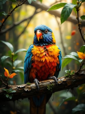 A vibrant parrot perches on a lush green branch, its bright yellow beak open in mid-squawk. The camera frames the bird from a low angle, emphasizing its bold plumage and striking gaze. Soft, warm lighting illuminates the scene, casting a gentle glow on the surrounding foliage.