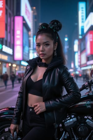 In a neon-lit metropolis, a mysterious woman steps out of the shadows, her raven-black hair styled in an intricate updo adorned with glowing circuitry that pulses to the city's hum. Her piercing emerald eyes hold secrets as she poses confidently, one hand on the chrome-plated pistol at her hip. The blurred background is a kaleidoscope of colors: holographic ads and towering skyscrapers stretching forever. A sleek black motorcycle awaits in the foreground, engine purring softly, ready to spring to life.