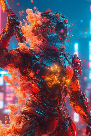 A low-angle shot captures a full body cybernetic tokusatsu as a man wearing glasses blens as a warrior in a style of cloudy, holding up a glowing sword as the neon-lit cityscape hums to life at midnight. The Gambit armor's sharp lines and angular design are highlighted by cool blue reflections on metallic surfaces. Orange and blue sparks dance across the warrior's armor, energized by the futuristic city's pulse. Blurred skyscrapers and neon signs fade into the background, emphasizing the warrior's dominant stance amidst a dark sky filled with floating neon dust particles, radiating an intense, futuristic atmosphere.