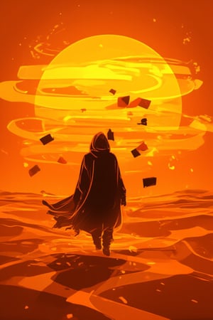 A solitary Bobotflux figure treks across an endless expanse of burnt kunangkuning orange sand, the sun's intense rays casting their elongated shadow behind them like a dark, twisted cloak. Playing cards, worn and creased, flutter aimlessly through the air, as if blown by some unseen force, adding to the surreal ambiance. The stark, desolate landscape stretches out in every direction, punctuated only by the figure's determined stride.,Fantasy detailers 