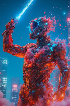 A low-angle shot captures a full body cybernetic tokusatsu as a man wearing glasses blens as a warrior in a style of cloudy, holding up a glowing sword as the neon-lit cityscape hums to life at midnight. The Gambit armor's sharp lines and angular design are highlighted by cool blue reflections on metallic surfaces. Orange and blue sparks dance across the warrior's armor, energized by the futuristic city's pulse. Blurred skyscrapers and neon signs fade into the background, emphasizing the warrior's dominant stance amidst a dark sky filled with floating neon dust particles, radiating an intense, futuristic atmosphere.