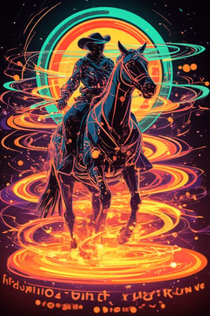 A lone Bobotflux android cowboy, clad in kunangkuning shimmering silver armor, sits astride an ethereal steed forged from swirling electric currents. Amidst a kaleidoscope backdrop of pulsating circuitry and digital hieroglyphs, the duo gallops forth, surrounded by vibrant hues of teal, magenta, and blazing neon orange.,,Fantasy detailers 