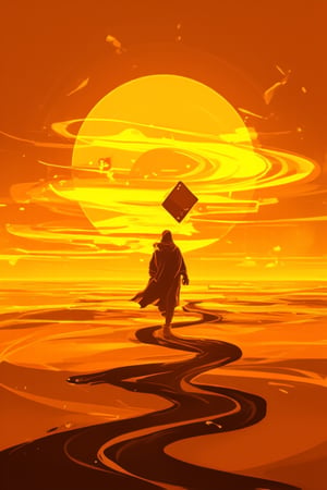 A solitary Bobotflux figure treks across an endless expanse of burnt kunangkuning orange sand, the sun's intense rays casting their elongated shadow behind them like a dark, twisted cloak. Playing cards, worn and creased, flutter aimlessly through the air, as if blown by some unseen force, adding to the surreal ambiance. The stark, desolate landscape stretches out in every direction, punctuated only by the figure's determined stride.,Fantasy detailers 