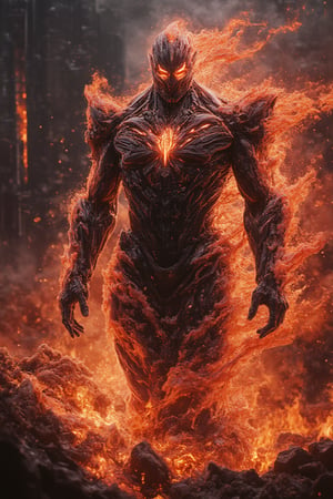 A smoldering metropolis skyline, with towering, half-collapsed buildings glowing with fiery embers. Rivers of molten lava flow through the streets, casting a red-orange hue on everything. In the midst, Bobotflux stands tall as an robot figure in tennogen armour, superhero tokusatsu,blens exuding a commanding presence, a fiery elemental bender, stands amidst the burning ruins, his body crackling with flames.Flames burst from his hands in a mesmerizing vortex of red, orange, and gold, creating fiery whirlwinds that sweep across the decimated city.His eyes blaze with the intensity of a wildfire, and his rugged, scorched skin is etched with glowing embers. His sharp, chiseled features seem to melt and reform with the heat.The air shimmers with heat, and the roar of flames drowns out the city’s silence, as Sandman’s fire bending creates a fiery inferno, consuming the skyline.