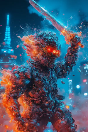 A low-angle shot captures a full body cybernetic tokusatsu as a man wearing glasses blens as a warrior in a style of cloudy, holding up a glowing sword as the neon-lit cityscape hums to life at midnight. The Gambit armor's sharp lines and angular design are highlighted by cool blue reflections on metallic surfaces. Orange and blue sparks dance across the warrior's armor, energized by the futuristic city's pulse. Blurred skyscrapers and neon signs fade into the background, emphasizing the warrior's dominant stance amidst a dark sky filled with floating neon dust particles, radiating an intense, futuristic atmosphere.