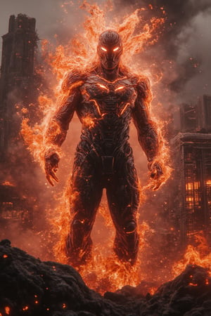 A smoldering metropolis skyline, with towering, half-collapsed buildings glowing with fiery embers. Rivers of molten lava flow through the streets, casting a red-orange hue on everything. In the midst, Bobotflux stands tall as an robot figure in tennogen armour, superhero tokusatsu,blens exuding a commanding presence, a fiery elemental bender, stands amidst the burning ruins, his body crackling with flames.Flames burst from his hands in a mesmerizing vortex of red, orange, and gold, creating fiery whirlwinds that sweep across the decimated city.His eyes blaze with the intensity of a wildfire, and his rugged, scorched skin is etched with glowing embers. His sharp, chiseled features seem to melt and reform with the heat.The air shimmers with heat, and the roar of flames drowns out the city’s silence, as Sandman’s fire bending creates a fiery inferno, consuming the skyline.