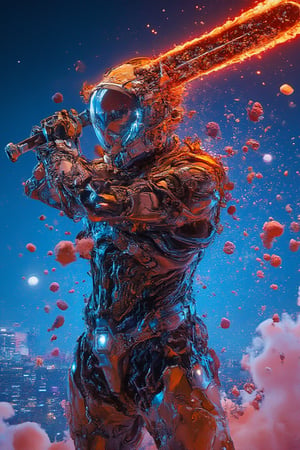 A low-angle shot captures a full body cybernetic tokusatsu as a man wearing glasses blens as a warrior in a style of cloudy, holding up a glowing sword as the neon-lit cityscape hums to life at midnight. The Gambit armor's sharp lines and angular design are highlighted by cool blue reflections on metallic surfaces. Orange and blue sparks dance across the warrior's armor, energized by the futuristic city's pulse. Blurred skyscrapers and neon signs fade into the background, emphasizing the warrior's dominant stance amidst a dark sky filled with floating neon dust particles, radiating an intense, futuristic atmosphere.