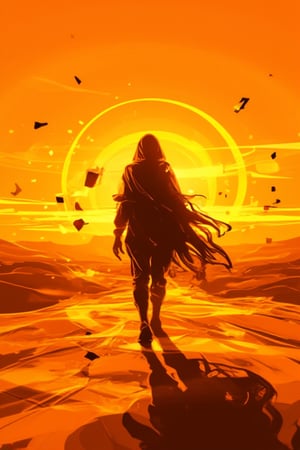 A solitary Bobotflux figure treks across an endless expanse of burnt kunangkuning orange sand, the sun's intense rays casting their elongated shadow behind them like a dark, twisted cloak. Playing cards, worn and creased, flutter aimlessly through the air, as if blown by some unseen force, adding to the surreal ambiance. The stark, desolate landscape stretches out in every direction, punctuated only by the figure's determined stride.,Fantasy detailers 