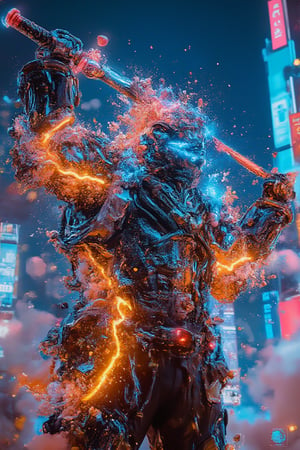 A low-angle shot captures a full body cybernetic tokusatsu as a man wearing glasses blens as a warrior in a style of cloudy, holding up a glowing sword as the neon-lit cityscape hums to life at midnight. The Gambit armor's sharp lines and angular design are highlighted by cool blue reflections on metallic surfaces. Orange and blue sparks dance across the warrior's armor, energized by the futuristic city's pulse. Blurred skyscrapers and neon signs fade into the background, emphasizing the warrior's dominant stance amidst a dark sky filled with floating neon dust particles, radiating an intense, futuristic atmosphere.