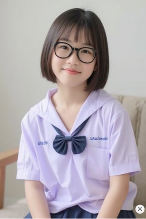 A young girl sits on a chair, smiling gently. She wears a light purple short-sleeve school uniform with a large navy blue bow on the front. Her short dark hair is styled with soft bangs framing her face. Black square glasses add a cute and intellectual vibe. The minimalistic setting features neutral tones, keeping the focus on the girl. Soft, natural lighting creates a peaceful and warm atmosphere.