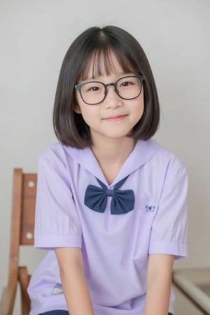 A young girl sits on a chair, smiling gently. She wears a light purple short-sleeve school uniform with a large navy blue bow on the front. Her short dark hair is styled with soft bangs framing her face. Black square glasses add a cute and intellectual vibe. The minimalistic setting features neutral tones, keeping the focus on the girl. Soft, natural lighting creates a peaceful and warm atmosphere.