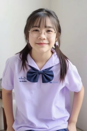 A young girl sits on a chair, smiling gently. She wears a light purple short-sleeve school uniform with a large navy blue bow on the front. Her long dark hair is styled in a ponytail with soft bangs framing her face. Round glasses add a cute and intellectual vibe. The minimalistic setting features neutral tones, keeping the focus on the girl. Soft, natural lighting creates a peaceful and warm atmosphere.