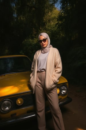 A hijab woman lit by flashlight posing confidently in a studio setting, wearing a cardigan with t-shirt that showcases intricate skin texture details and slim-fit long pants. she dons stylish sunglasses and strikes a pose beside a BMW 2002 tii Beige - yellow classic car, bathed in Rembrandt lighting. The soft focus of the portrait highlights her face, with a rim light accentuating her features. In the background, a shady pine tree stands tall amidst a dirt road, where sunlight casts warm spots on the dark terrain, surrounded by lush greenery and a serene garden atmosphere.,FLASH,SKIN