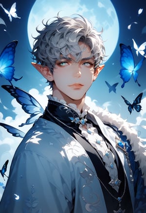 Dark grey blue skin male demon elf, white Silver  curly coily hair, blue and black demon butterfly wings, silver eyes, blue heart & moon motif native attire score_9, score_8_up, score_7_up,score_9, score_8_up, score_7_up,score_9, score_8_up, score_7_up,