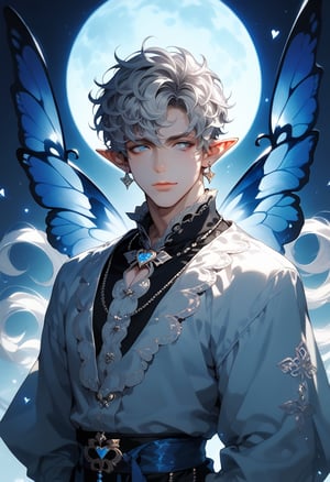 Dark grey blue skin male demon elf, white Silver  curly coily hair, blue and black demon butterfly wings, silver eyes, blue heart & moon motif native attire score_9, score_8_up, score_7_up,score_9, score_8_up, score_7_up,score_9, score_8_up, score_7_up,