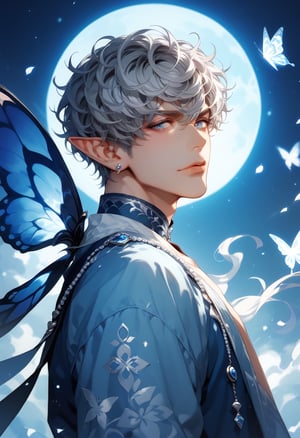 Dark grey blue skin male demon elf, white Silver  curly coily hair, blue and black demon butterfly wings, silver eyes, blue heart & moon motif native attire score_9, score_8_up, score_7_up,score_9, score_8_up, score_7_up,score_9, score_8_up, score_7_up,