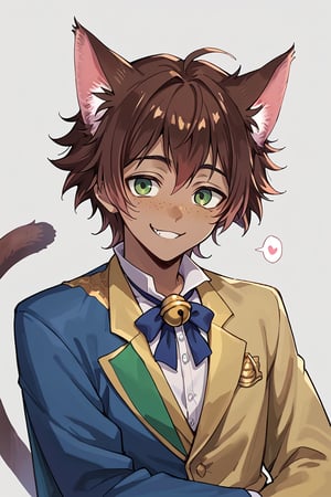 score_9, score_8_up, score_7_up, source_anime, BREAK, 1boy, male focus, solo, slender body, smile, :3, neck bell, tail, looking at viewer, portrait, simple background,score_6_up,score_5_up,score_4_up,gidel, cat ears, cat tail,brown hair, dark skin, green eyes, freckles