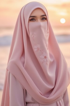 Muslimah.hanna, Lora.Mai, A high-resolution, photorealistic image of Muslimah Hanna , Lora.Mai wearing a pastel abaya dress with a matching niqab-style burqa, featuring a simple, minimalist floral pattern. The burqa covers her face entirely, leaving only her expressive eyes visible. The soft, flowy fabric and clean lines create a modest and elegant look. The background shows a cozy,  sunset hues soft orange and soft red at beach with soft wave and diffused lighting, framed in a mid-shot to highlight the subtle floral prints and enhance the serene, dignified atmosphere.Background bokeh