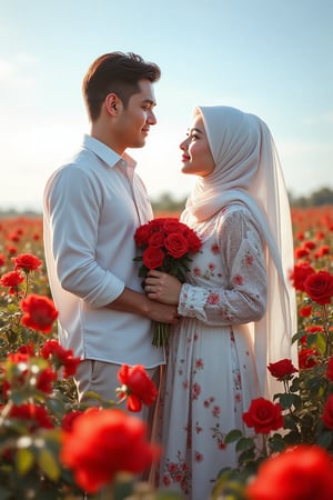 Lora.Mai, malay,melayu,malay man,lelaki melayu,handsome malay man wearing white shirt, Lora.Mai,Beautiful lady wearing a white hijab, and long-sleeve floral blouse, standing amidst a red rose field, holding a red rose bouquet, a blue sky background. Soft lighting highlights her serene expression and flowing attire. The scene captures a close-up portrait, ,emphasizing they delicate features and the dreamy atmosphere. They look each other far away.