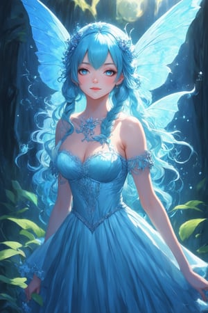 A highly detailed digital anime art of a very cute and gorgeous faery wearing a dress made of water, full body, with very long, wavy azure blue hair braided intricately with white highlights. Her face is beautifully round, resembling a young J-Pop idol actress, with large, azure blue watery eyes that seem to hold a universe of depth. The cinematic lighting emphasizes her features, creating a striking contrast between light and shadow. The glowing rich colors radiate a mesmerizing aura, giving the scene an otherworldly quality. Trending on platforms like Pixiv, Artstation, DeviantArt, and NicoVideo, this art piece is inspired by renowned artists such as Steven Artgerm Lau, WLOP, RossDraws, RuanJia, James Jean, Andrei Riabovitchev, Totorrl, Marc Simonetti, Visual Key, and Sakimichan. Despite the ultra-detailed and intricate design, the focus remains resolutely on the female character, evoking a dark artistic style and scary horror elements that subtly underpin the enchanting cuteness.