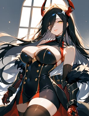  simple background, upperbody, face close up, long hair, highres, extremely detailed, 8k photo, intricate details, professional lighting,score_9,score_8_up,score_7_up,rating_general,source_anime,rating_general ,1girl ,yellow eyes, hair over one eye, very long hair, black hair, detached collar, bodystocking, black microdress, double-breasted, fur-trimmed black sleeves, red mechanical gauntlets, floating overcoat, black thighhighs, armored black boots, indoors, source_anime, , cowboy shot, abstract, spotlight, naughty face,