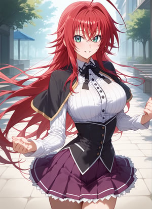 score_9, score_8_up, score_7_up, score_6_up, score_5_up, score_4_up, source_anime, BREAK, source_anime,dra,RIAS GREMORY, rias gremory, high school dxd, huge ahoge, long hair, hair between eyes, blue eyes, red hair, shirt, black capelet, striped shirt, white shirt, neck ribbon, black ribbon, long sleeves, black corset, buttons, pleated skirt, frilled skirt, purple skirt, blush, cowboy shot, thigh gap,sexy facial expression, big eyes, sexy pose, interesting pose, Strong Shadows, looking at viewer, parted lips, light smile, light blush,