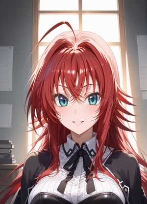 score_9, score_8_up, score_7_up, score_6_up, score_5_up, score_4_up, source_anime, BREAK, source_anime,dra, RIAS GREMORY, rias gremory, high school dxd, long hair, hair between eyes, blue eyes, red hair, shirt, black capelet, striped shirt, white shirt, neck ribbon, black ribbon, long sleeves, black corset, buttons, pleated skirt, frilled skirt, purple skirt, blush, cowboy shot, big eyes, Strong Shadows, looking at viewer, parted lips, light smile, light blush, indoors, open large empty living room, ahoge, nothing behind her, standing, standing, forward, looking at viewer, cowboy shot, thigh gap, nothing behind her, sunbeams, empty room, wall, window, free space, sexy facial expression - interesting face - sexy gaze - attractive face - sexy smile - high cheekbones - thin lips - big eyes - expressive eyebrows - sexy pose - interesting pose - sexy movements - attractive movements, High Contrast, Chiaroscuro, Strong Shadows, Bright Light, Warm Lighting, Dramatic Lighting, evening, Portrait Focus, Face Focus, Upper Body Focus, Close-up, Tight Crop, Face-centric, Upper Body-centric, Telephoto Lens, Portrait Lens, Bust Shot, Upper Body Shot, Face Shot, Portrait Orientation