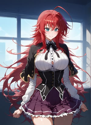 score_9, score_8_up, score_7_up, score_6_up, score_5_up, score_4_up, source_anime, BREAK, source_anime,dra,RIAS GREMORY, rias gremory, high school dxd, huge ahoge, long hair, hair between eyes, blue eyes, red hair, shirt, black capelet, striped shirt, white shirt, neck ribbon, black ribbon, long sleeves, black corset, buttons, pleated skirt, frilled skirt, purple skirt, nothing behind her, sunbeams, empty room, wall, window, free space, blush, cowboy shot, thigh gap, nothing behind her, sunbeams, empty room, wall, window, free space, sexy facial expression - interesting face - sexy gaze - attractive face - sexy smile - high cheekbones - thin lips - big eyes - expressive eyebrows - sexy pose - interesting pose - sexy movements - attractive movements, High Contrast, Chiaroscuro, Strong Shadows, Bright Light, 