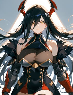  simple background, upperbody, face close up, long hair, highres, extremely detailed, 8k photo, intricate details, professional lighting,score_9,score_8_up,score_7_up,rating_general,source_anime,rating_general ,1girl ,yellow eyes, hair over one eye, very long hair, black hair, detached collar, bodystocking, black microdress, double-breasted, fur-trimmed black sleeves, red mechanical gauntlets, floating overcoat, black thighhighs, armored black boots, indoors, source_anime, , cowboy shot, abstract, spotlight,  disappointed, scowling, frowning, 