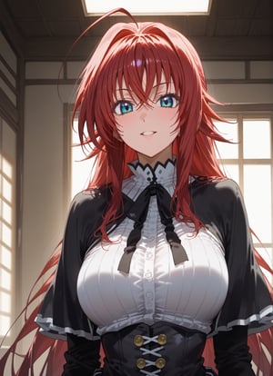 score_9, score_8_up, score_7_up, score_6_up, score_5_up, score_4_up, source_anime, BREAK, source_anime,dra, RIAS GREMORY, rias gremory, high school dxd, long hair, hair between eyes, blue eyes, red hair, shirt, black capelet, striped shirt, white shirt, neck ribbon, black ribbon, long sleeves, black corset, buttons, pleated skirt, frilled skirt, purple skirt, blush, cowboy shot, big eyes, Strong Shadows, looking at viewer, parted lips, light smile, light blush, indoors, open large empty living room, ahoge, nothing behind her, standing, standing, forward, looking at viewer, cowboy shot, thigh gap, nothing behind her, sunbeams, empty room, wall, window, free space, sexy facial expression - interesting face - sexy gaze - attractive face - sexy smile - high cheekbones - thin lips - big eyes - expressive eyebrows - sexy pose - interesting pose - sexy movements - attractive movements, High Contrast, Chiaroscuro, Strong Shadows, Bright Light, Warm Lighting, Dramatic Lighting, evening, Upper Body, Face-centric, Telephoto Lens, Portrait Lens,