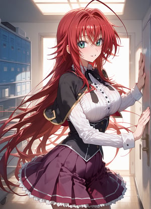 score_9, score_8_up, score_7_up, score_6_up, score_5_up, score_4_up, source_anime, BREAK, source_anime,dra, high school dxd, RIAS GREMORY, rias gremory, high school dxd, long hair, hair between eyes, blue eyes, red hair, shirt, black capelet, striped shirt, white shirt, neck ribbon, black ribbon, long sleeves, black corset, buttons, pleated skirt, frilled skirt, purple skirt, blush, cowboy shot, big eyes, Strong Shadows, looking at viewer, parted lips, light smile, light blush, from center, indoors, open large empty room, ahoge, nothing behind her, 