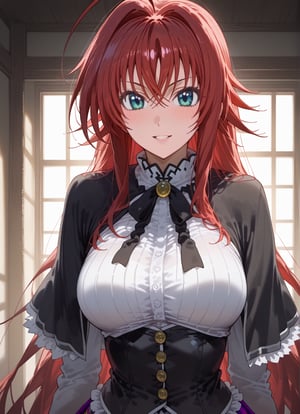 score_9, score_8_up, score_7_up, score_6_up, score_5_up, score_4_up, source_anime, BREAK, source_anime,dra, RIAS GREMORY, rias gremory, high school dxd, long hair, hair between eyes, blue eyes, red hair, shirt, black capelet, striped shirt, white shirt, neck ribbon, black ribbon, long sleeves, black corset, buttons, pleated skirt, frilled skirt, purple skirt, blush, cowboy shot, big eyes, Strong Shadows, looking at viewer, parted lips, light smile, light blush, indoors, open large empty living room, ahoge, nothing behind her, standing, standing, forward, looking at viewer, cowboy shot, thigh gap, nothing behind her, sunbeams, empty room, wall, window, free space, sexy facial expression - interesting face - sexy gaze - attractive face - sexy smile - high cheekbones - thin lips - big eyes - expressive eyebrows - sexy pose - interesting pose - sexy movements - attractive movements, High Contrast, Chiaroscuro, Strong Shadows, Bright Light, Warm Lighting, Dramatic Lighting, evening, Upper Body, Face-centric, Upper Body-centric, Telephoto Lens, Portrait Lens,