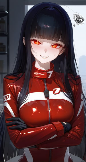 1girl, long black hair, blunt bangs, half-closed eyes, red eyes, slit pupils, glowing eyes, opened red racing suit, openend, long sleeve, black gloves, crossed arms, score_9, score_8_up, score_7_up, masterpiece, original, upper body, portrait, solo, looking at viewer, indoors, shiny skin, sweat, skindentation, blush, smirk, naughty face, heart, smug, full-face blush, masterpiece, best quality, high quality, from center, natural light, absurdres, plump lips, RAR, notice lines, squiggle, concept art, dark theme, sagawa.