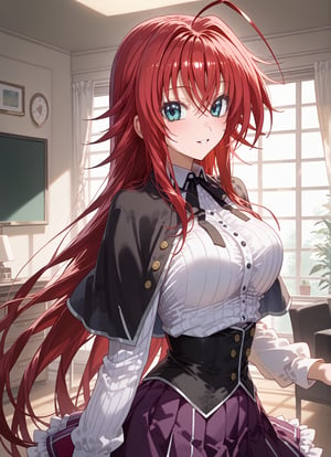 score_9, score_8_up, score_7_up, score_6_up, score_5_up, score_4_up, source_anime, BREAK, source_anime,dra, RIAS GREMORY, rias gremory, high school dxd, long hair, hair between eyes, blue eyes, red hair, shirt, black capelet, striped shirt, white shirt, neck ribbon, black ribbon, long sleeves, black corset, buttons, pleated skirt, frilled skirt, purple skirt, blush, cowboy shot, big eyes, Strong Shadows, looking at viewer, parted lips, light smile, light blush, indoors, open large empty living room, ahoge, nothing behind her, standing,