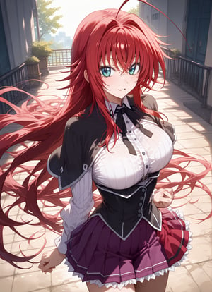 score_9, score_8_up, score_7_up, score_6_up, score_5_up, score_4_up, source_anime, BREAK, source_anime,dra,RIAS GREMORY, rias gremory, high school dxd, huge ahoge, long hair, hair between eyes, blue eyes, red hair, shirt, black capelet, striped shirt, white shirt, neck ribbon, black ribbon, long sleeves, black corset, buttons, pleated skirt, frilled skirt, purple skirt, blush, cowboy shot, thigh gap,sexy facial expression, big eyes, sexy pose, interesting pose, Strong Shadows, looking at viewer, parted lips, light smile, light blush,