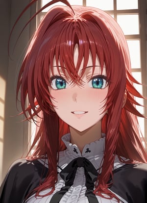 score_9, score_8_up, score_7_up, score_6_up, score_5_up, score_4_up, source_anime, BREAK, source_anime,dra, RIAS GREMORY, rias gremory, high school dxd, long hair, hair between eyes, blue eyes, red hair, shirt, black capelet, striped shirt, white shirt, neck ribbon, black ribbon, long sleeves, black corset, buttons, pleated skirt, frilled skirt, purple skirt, blush, cowboy shot, big eyes, Strong Shadows, looking at viewer, parted lips, light smile, light blush, indoors, open large empty living room, ahoge, nothing behind her, standing, standing, forward, looking at viewer, cowboy shot, thigh gap, nothing behind her, sunbeams, empty room, wall, window, free space, sexy facial expression - interesting face - sexy gaze - attractive face - sexy smile - high cheekbones - thin lips - big eyes - expressive eyebrows - sexy pose - interesting pose - sexy movements - attractive movements, High Contrast, Chiaroscuro, Strong Shadows, Bright Light, Warm Lighting, Dramatic Lighting, evening, Portrait Focus, Face Focus, Upper Body Focus, Close-up, Tight Crop, Face-centric, Upper Body-centric, Telephoto Lens, Portrait Lens, Bust Shot, Upper Body Shot, Face Shot, Portrait Orientation