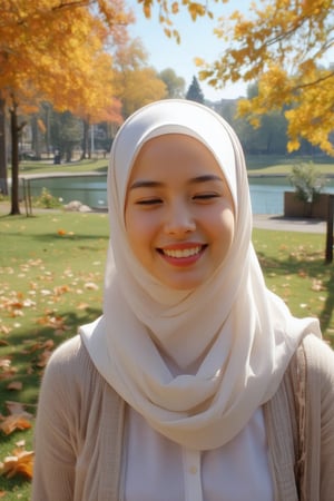 A warm autumn afternoon at the park near a serene lake. A hijab-clad girl's face fills the frame, her bright smile and closed eyes conveying pure joy. Her long scarf flows freely in the gentle wind, its soft folds rustling as she laughs and plays. Leaves of vibrant orange and yellow drift lazily to the ground around her, mingling with the scent of outdoor cooking wafting from a nearby grill.