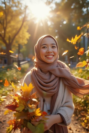 Close-up shot of a joyful hijabi girl at the park on a crisp autumn day. Wind gently blows her long scarf as she playfully chases after falling leaves, her bright smile illuminating her face. Her hands grasp handfuls of colorful foliage, her eyes sparkling with carefree delight.