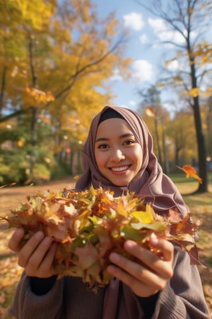 Close-up shot of a joyful hijabi girl at the park on a crisp autumn day. Wind gently blows her long scarf as she playfully chases after falling leaves, her bright smile illuminating her face. Her hands grasp handfuls of colorful foliage, her eyes sparkling with carefree delight.