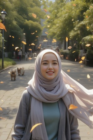 Close-up shot of a hijabi girl's joyful face, her long scarf gently blown by the wind as she plays carefree in the park. Leaves scatter around her, dancing in the breeze. In the background, curious cats saunter through the foliage, adding to the whimsical atmosphere.