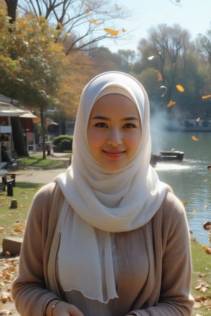 Close-up shot of a hijabi woman's joyful face, surrounded by the serene atmosphere of a park near a serene lake. Her long scarf flows freely in the gentle breeze as she carelessly goes about her day. Falling leaves from nearby trees create a picturesque background, adding to the autumnal charm. In the distance, the aroma of outdoor cooking wafts through the air, enticing and inviting. The subject's hands are busy with various activities, reflecting her lively and spontaneous nature.